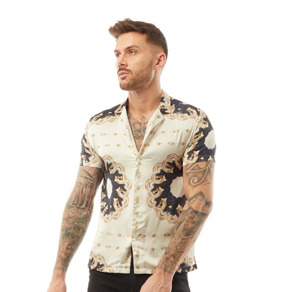 Buy HERMANO Mens Ram Print Short Sleeve Slim Fit Shirt WhiteXL